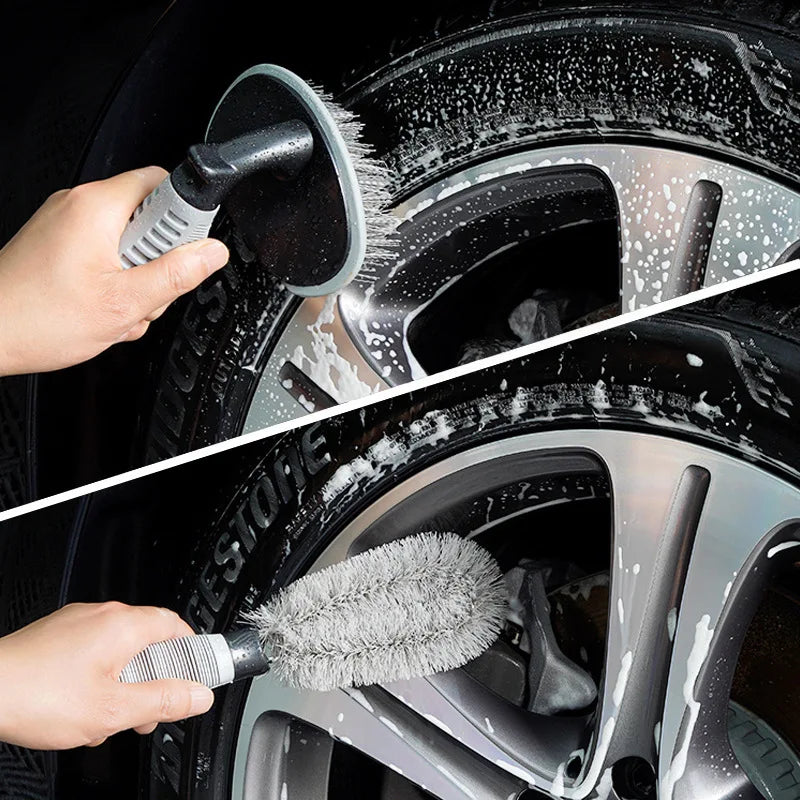 Cleaning car wheel with tire brush, showing rims and tire with soap.