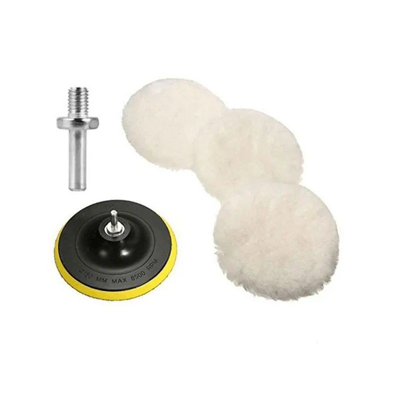 Car polishing kit: wool buffing pads, backing pad, and drill adapter.