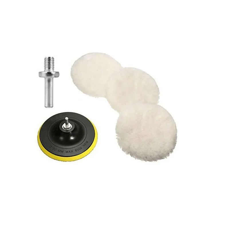 Car polishing kit with wool pads, backing plate, and adapter.