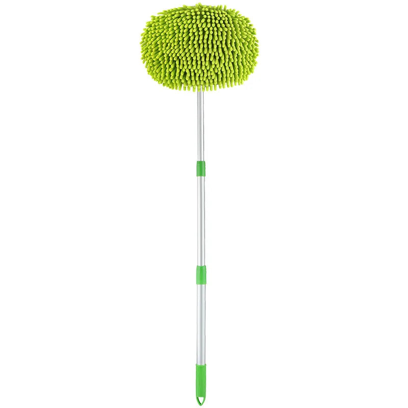 Green chenille car wash mop with extendable handle.
