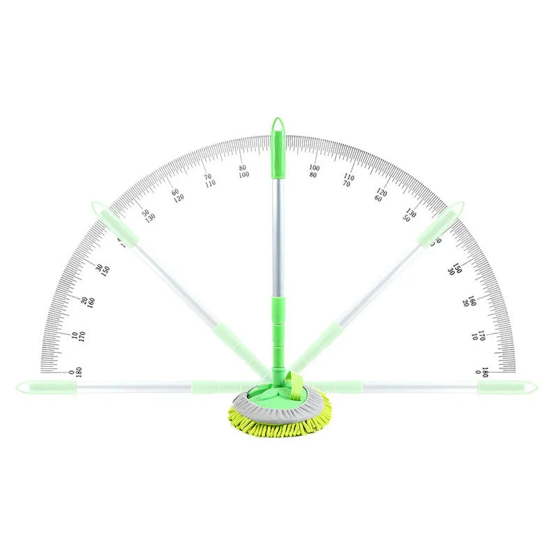 Green microfiber spin mop demonstrating adjustable angle settings.