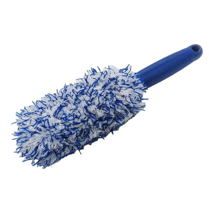 Blue and white microfiber wheel cleaning brush with blue handle.